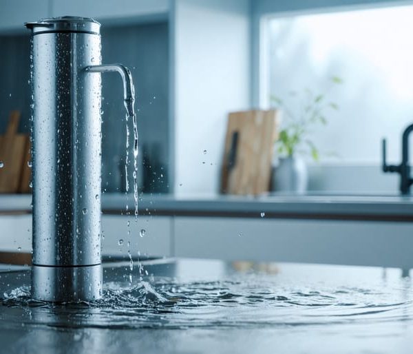 "Close-up of a silver metal water filter with water droplets on its surface in a modern kitchen setting."