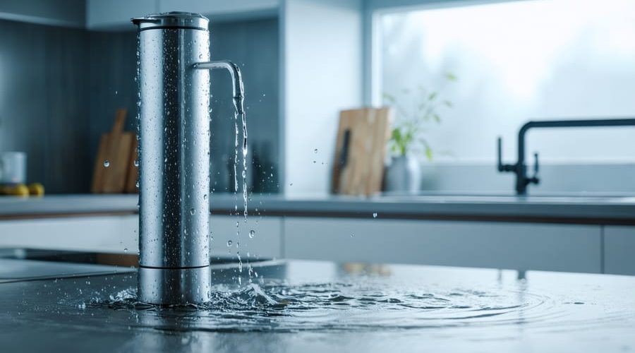"Close-up of a silver metal water filter with water droplets on its surface in a modern kitchen setting."
