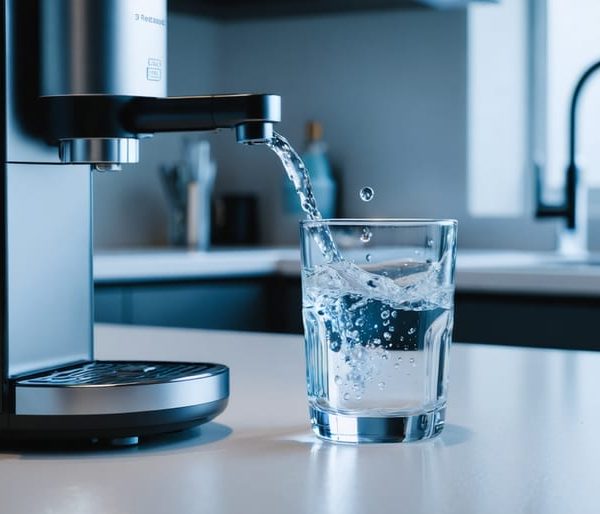 "A modern water purifier dispensing clear alkaline water into a transparent glass, set in a contemporary kitchen setting."
