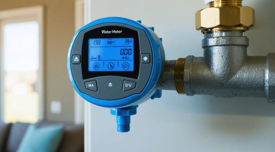 "Advanced digital smart water meter installed on home plumbing, highlighting technological details and digital interface."