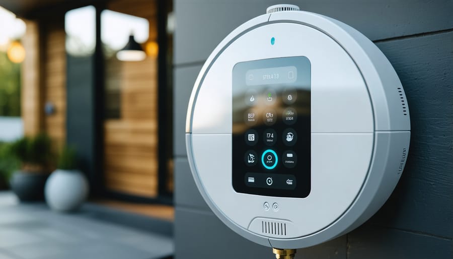 Close-up view of a sleek smart water meter installed on home plumbing