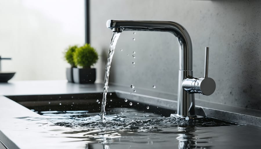 Clear water streaming from kitchen faucet into glass