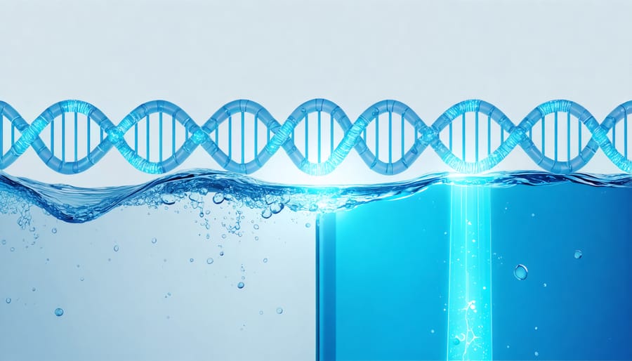 Technical illustration of UV light rays interacting with waterborne microorganisms