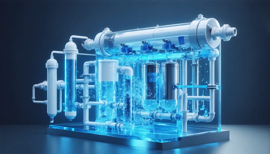 Detailed diagram of UV water filtration system components including pre-filters, UV chamber, and control panel