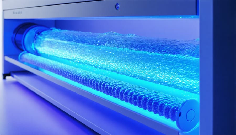 UV water purification system mounted on wall with glowing blue UV chamber