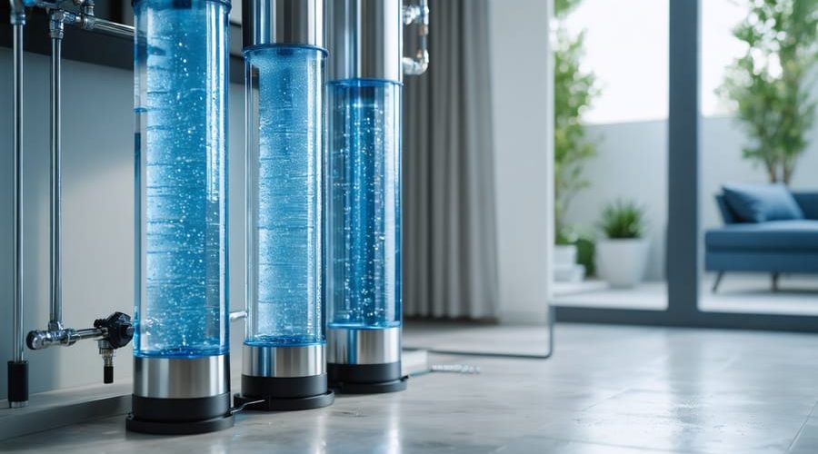"UV water filtration system installed in a residential well water setup, illuminated by soft daylight."