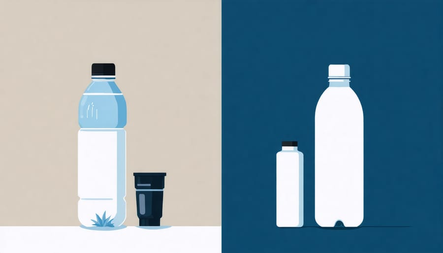 Stainless steel reusable water bottle beside pile of disposable plastic water bottles