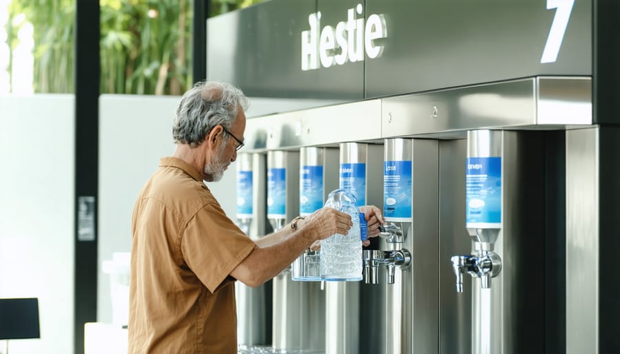 People filling reusable water bottles at modern water filtration station