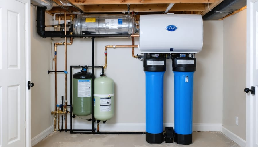 Large blue whole house water filter tank with connecting pipes mounted on basement wall