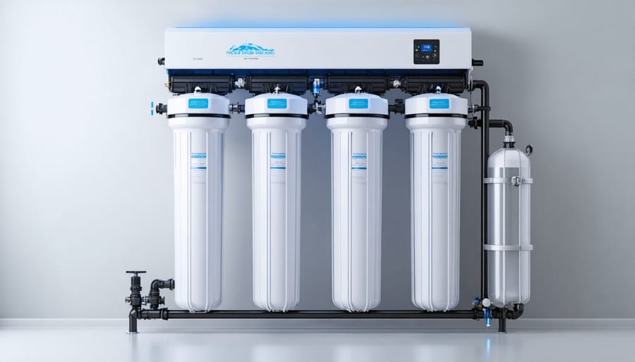 Modern whole house water filtration system mounted on basement wall with blue filter housings and copper pipes