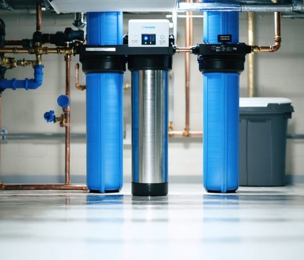 Close-up of a modern whole-house water filtration system in a home basement, with sleek stainless steel and black components under bright lighting.