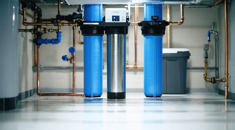 Close-up of a modern whole-house water filtration system in a home basement, with sleek stainless steel and black components under bright lighting.