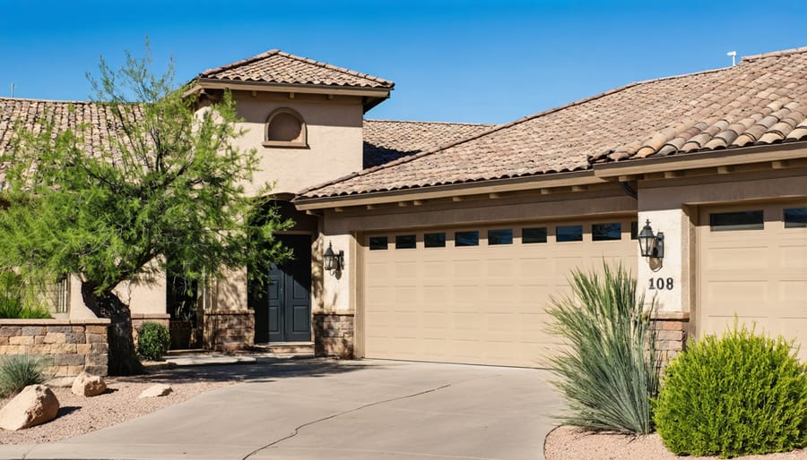Arizona home with rain gutters and downspouts on tile roof under blue sky