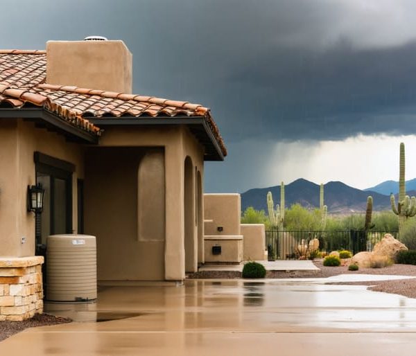 Arizona stucco house during monsoon rain with gutters feeding a large beige cistern at the downspout, desert plants and distant mountains in the background