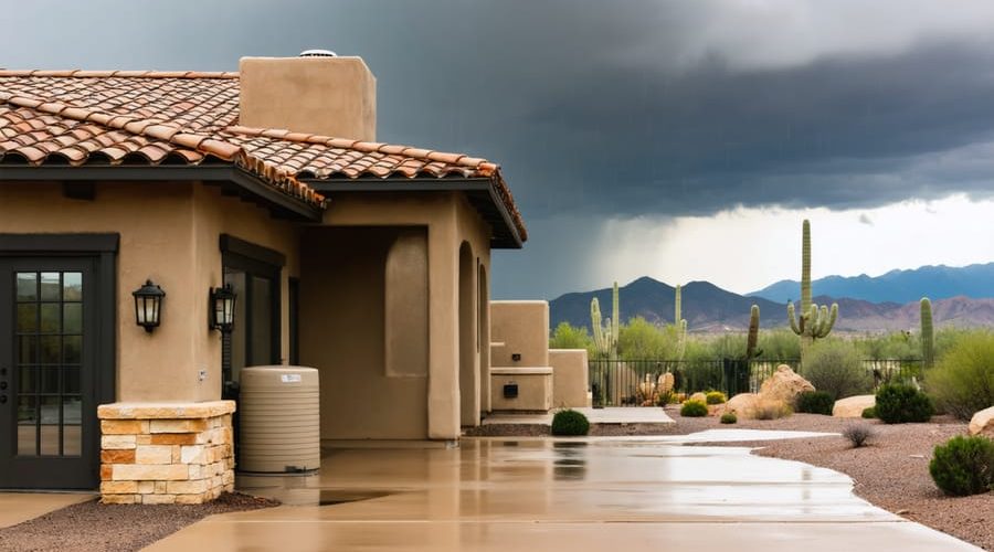 Arizona stucco house during monsoon rain with gutters feeding a large beige cistern at the downspout, desert plants and distant mountains in the background