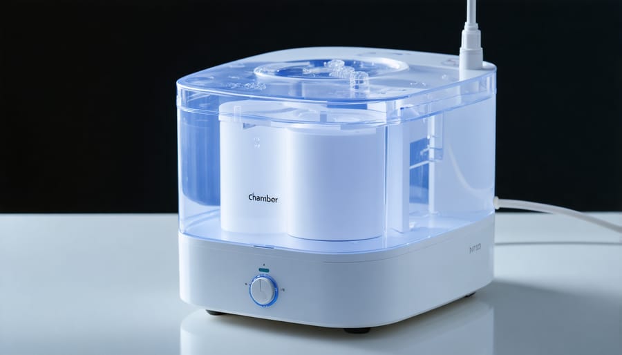 BiPAP humidifier chamber filled with water on bedside table