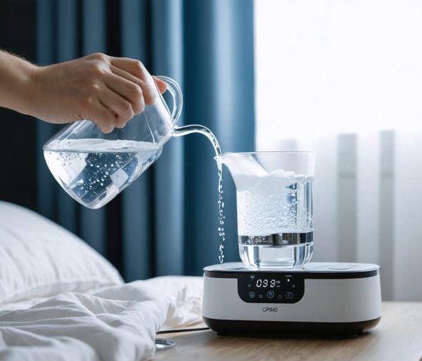Hand pouring clear water from a glass pitcher into a BiPAP machine’s transparent humidifier chamber on a bedside table, with the bed and airway tubing softly blurred in the background.