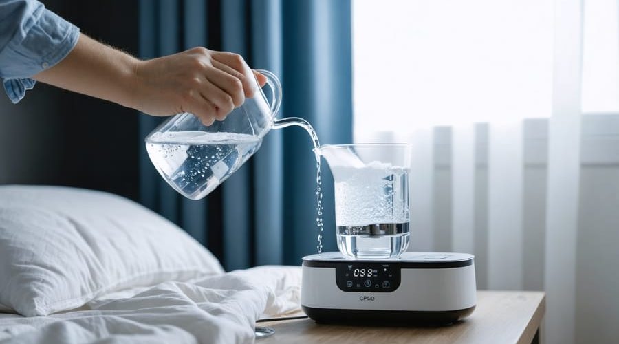 Hand pouring clear water from a glass pitcher into a BiPAP machine’s transparent humidifier chamber on a bedside table, with the bed and airway tubing softly blurred in the background.
