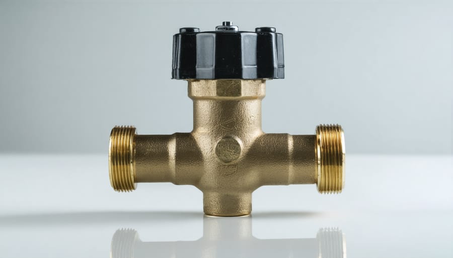 Close-up of plumber installing bypass valve on water softener copper pipes