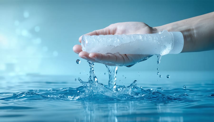 Close-up of hands in gloves cleaning quartz sleeve with visible mineral deposits