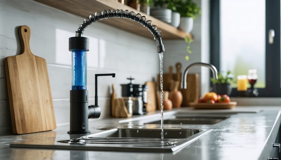 Clear glass being filled with filtered water from kitchen faucet with attached filter system