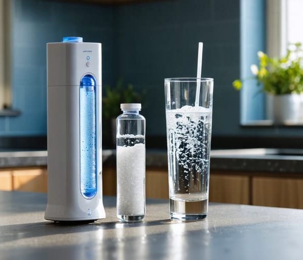 Modern kitchen countertop with a reverse osmosis unit, a clear canister of activated alumina beads, and a bone char carbon cartridge next to a clear glass of water, with faucet and sink softly blurred in the background.
