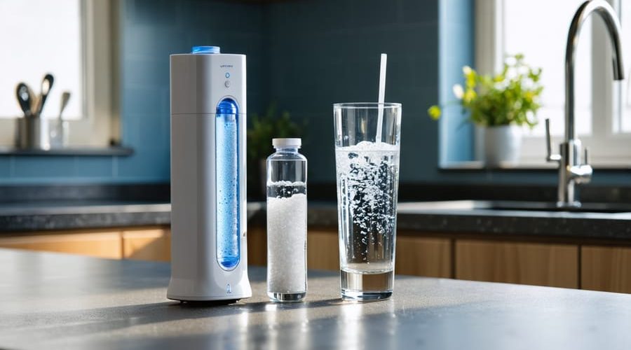Modern kitchen countertop with a reverse osmosis unit, a clear canister of activated alumina beads, and a bone char carbon cartridge next to a clear glass of water, with faucet and sink softly blurred in the background.