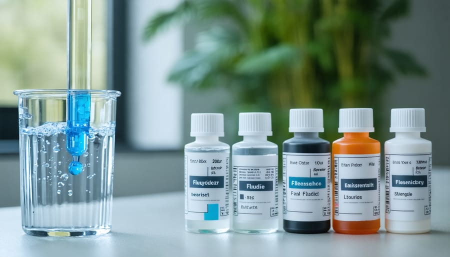 Water droplet being added to test tube showing blue chemical reaction for fluoride testing