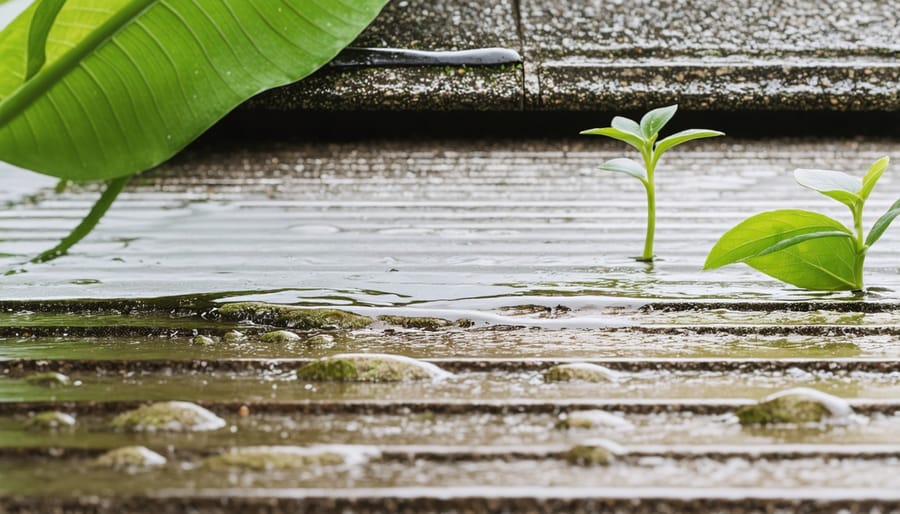 Person cleaning leaves and debris from residential gutter by hand