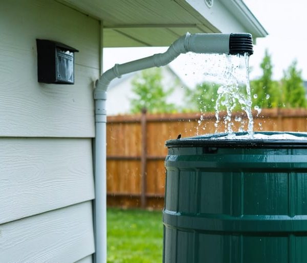 White gutter and downspout directing rainwater into a dark green rain barrel with a screened inlet during light rain, with a blurred backyard garden and wooden fence in the background.