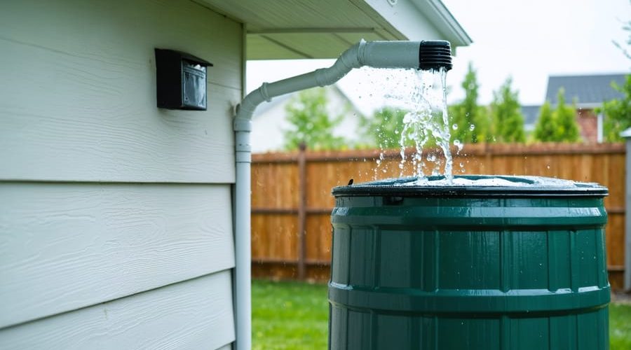 White gutter and downspout directing rainwater into a dark green rain barrel with a screened inlet during light rain, with a blurred backyard garden and wooden fence in the background.