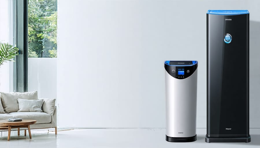 Modern hybrid water softener system with dual tanks installed in residential basement