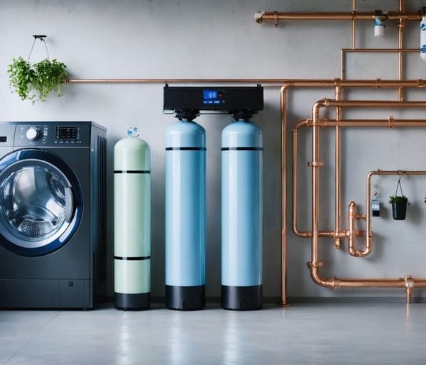 Eye-level photo of a hybrid water softener—dual-tank unit with a slim whole-house filter—mounted on copper plumbing in a bright utility room, with a washing machine softly blurred in the background.