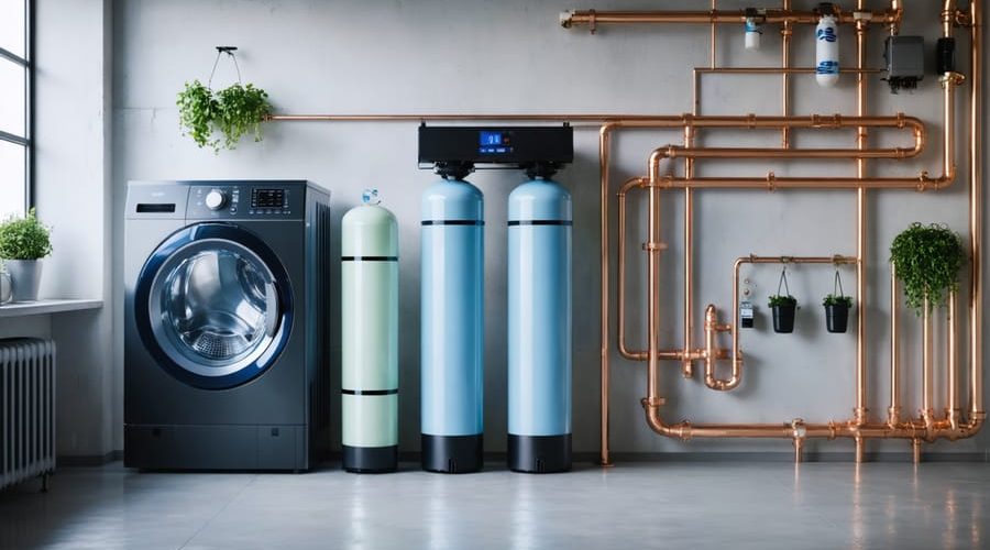 Eye-level photo of a hybrid water softener—dual-tank unit with a slim whole-house filter—mounted on copper plumbing in a bright utility room, with a washing machine softly blurred in the background.