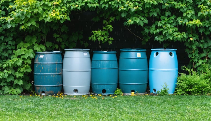Blue rain barrel connected to residential downspout for rainwater collection