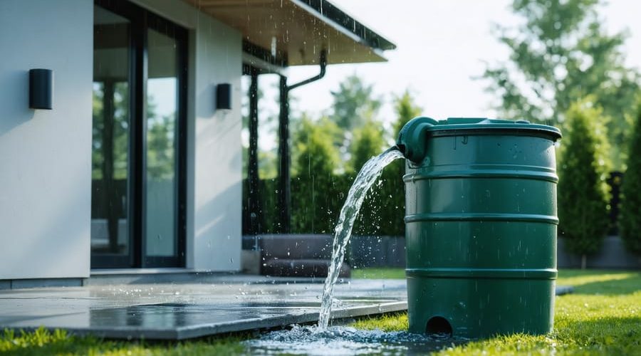 Eye-level photo of a house downspout channeling rain into a dark green rain barrel during a shower, with droplets splashing at the inlet and a blurred garden in the background.