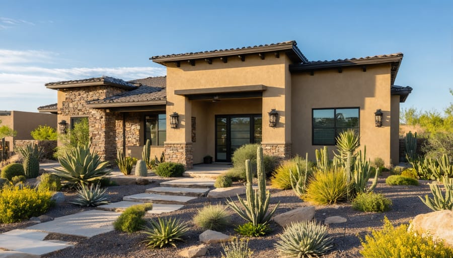 Desert xeriscape garden with native plants being irrigated with water