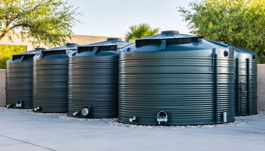 Residential rainwater storage tank installed against home exterior with spigot