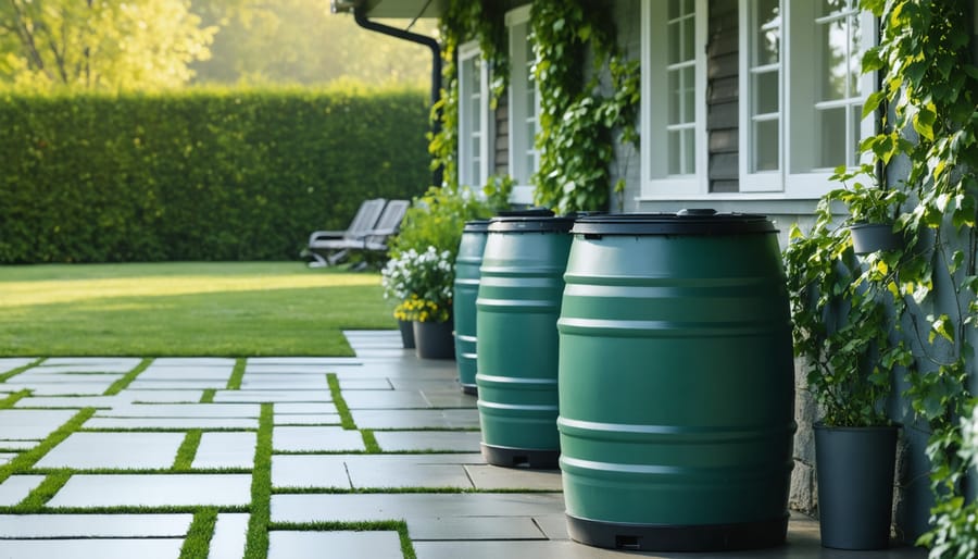 Rain barrel connected to home gutter system collecting rainwater