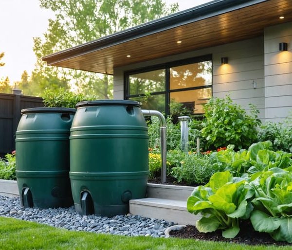 Two dark green rain barrels connected to a home’s gutter downspout with a hose watering a lush backyard vegetable bed at golden hour.