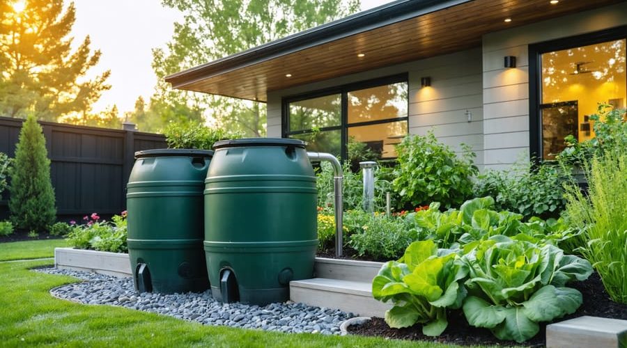 Two dark green rain barrels connected to a home’s gutter downspout with a hose watering a lush backyard vegetable bed at golden hour.