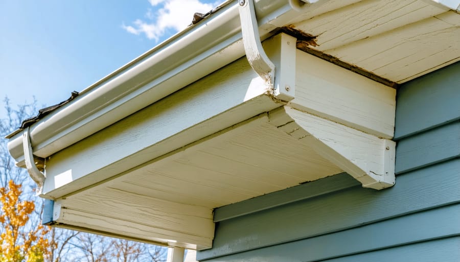 Aerial view of residential house roof with gutter system and downspouts