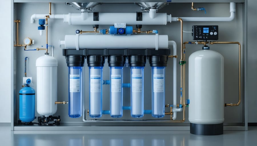 Under-sink reverse osmosis water filtration system with multiple filter stages and storage tank