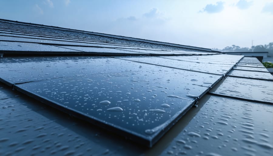 Residential roof collecting rainwater during rainfall