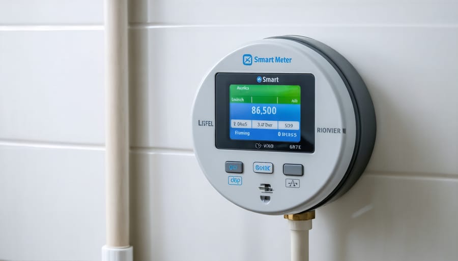 Smart water meter device installed on copper pipe in home utility room