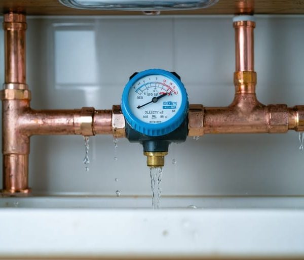 Close-up of a smart water meter attached to copper pipes under a kitchen sink with soft natural light, while the sink, faucet, and cabinets are softly blurred in the background.