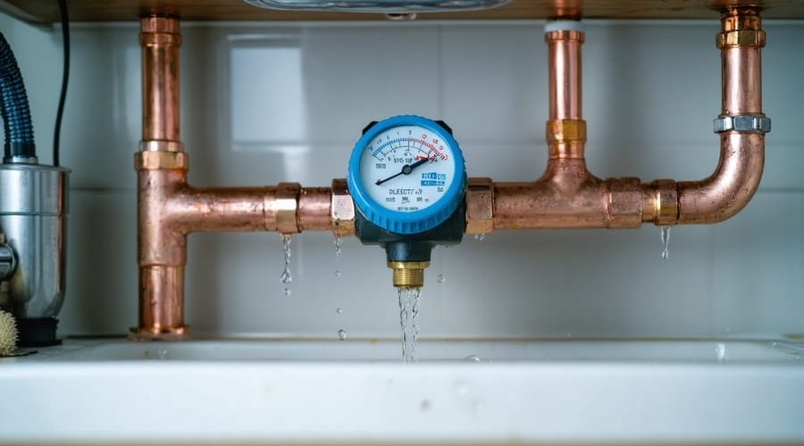 Close-up of a smart water meter attached to copper pipes under a kitchen sink with soft natural light, while the sink, faucet, and cabinets are softly blurred in the background.