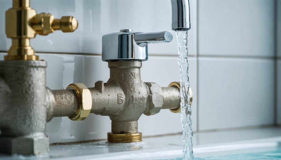 Smart water valve device mounted on copper pipe in residential basement