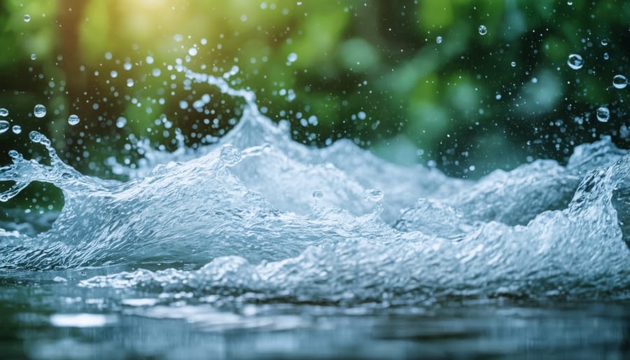 Clear water pouring from kitchen faucet into drinking glass