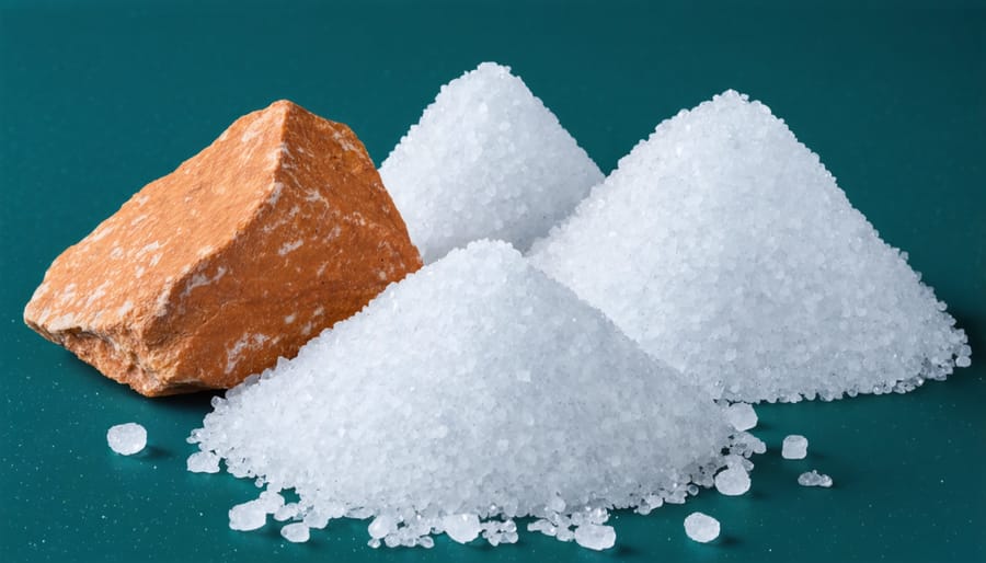 Overhead view of three types of water softener salt showing texture differences